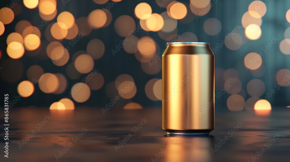 Beverage can with soft bokeh lights, dark setting enhancing the photorealistic detail, warm tones creating a cozy, inviting scene, Contemporary, Warm golds, 8K rendering, Detailed surface, glowing bac