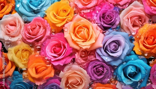 Colorful Roses with Water Droplets Close-Up