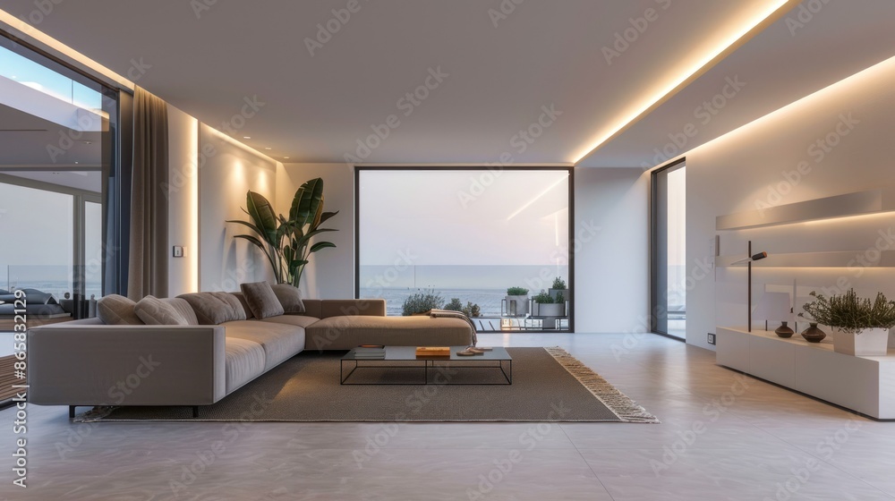 Modern minimalist living room interior with large windows and ocean view. Concept of luxury, real estate, and home decor. Modern minimalist living room interior with large windows and ocean view. Concept of luxury, real estate, and home decor.