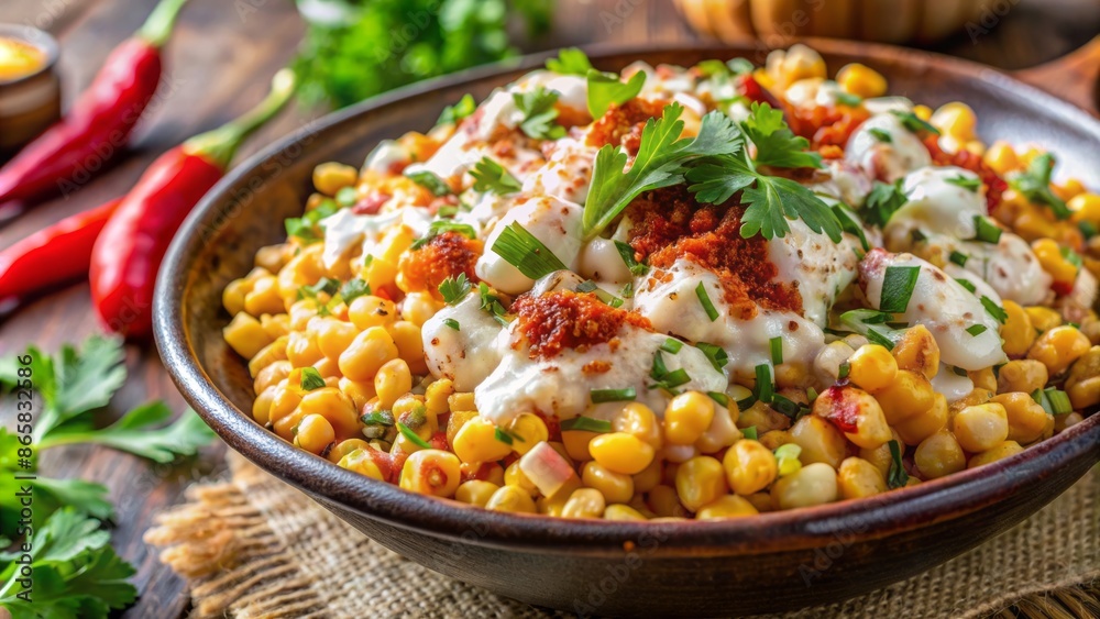 Vibrant colors of creamy Esquites, a popular Mexican street food, featuring cooked corn kernels smothered in rich mayo, sour cream, and spices. Vibrant colors of creamy Esquites, a popular Mexican street food, featuring cooked corn kernels smothered in rich mayo, sour cream, and spices.