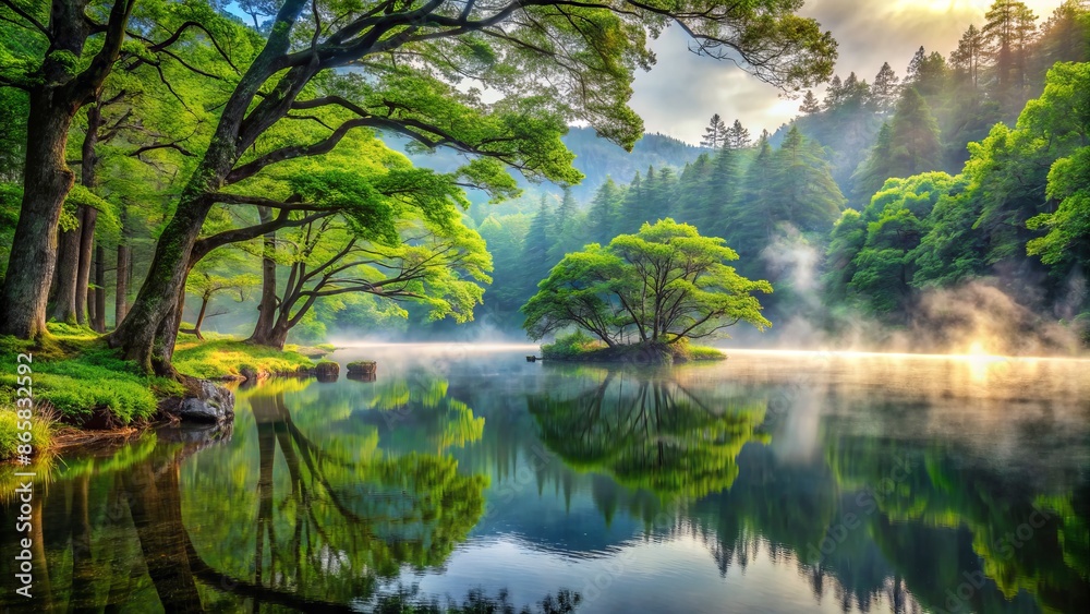Serene misty forest with lush greenery, ancient trees, and a serene lakeside backdrop, perfect for contemplation and mindfulness practice atmosphere. Serene misty forest with lush greenery, ancient trees, and a serene lakeside backdrop, perfect for contemplation and mindfulness practice atmosphere.