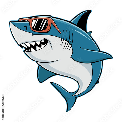 shark smile with sunglass, cute animal cartoon illustration