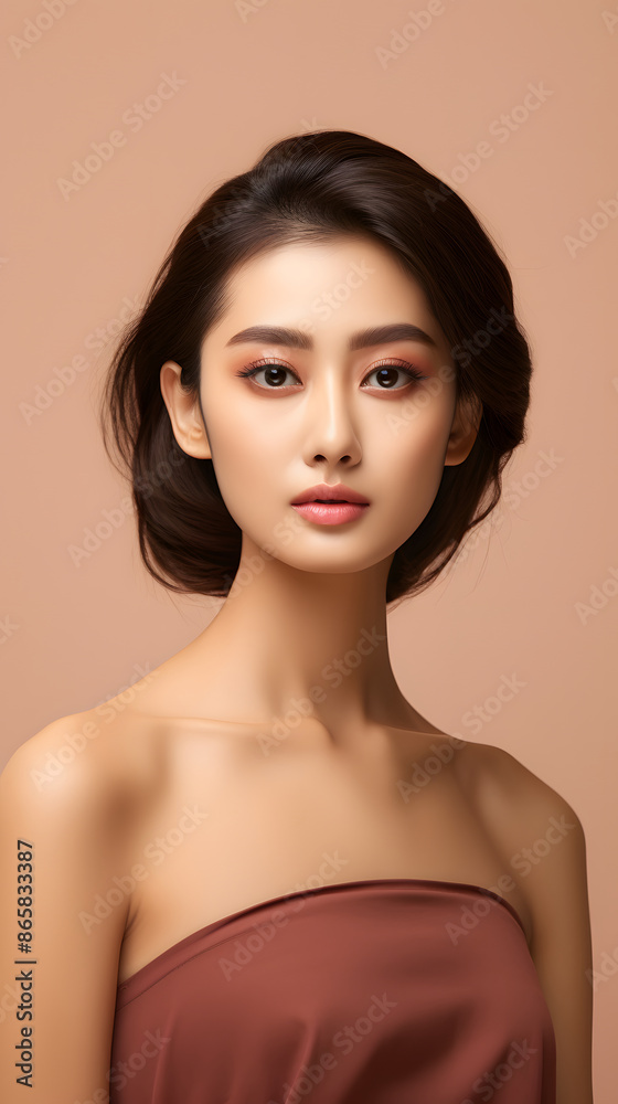 Beauty face. Woman with natural makeup and healthy skin portrait. Beautiful asian girl model touching fresh glowing hydrated facial skin on beige background closeup. Skin care concept Beauty face. Woman with natural makeup and healthy skin portrait. Beautiful asian girl model touching fresh glowing hydrated facial skin on beige background closeup. Skin care concept