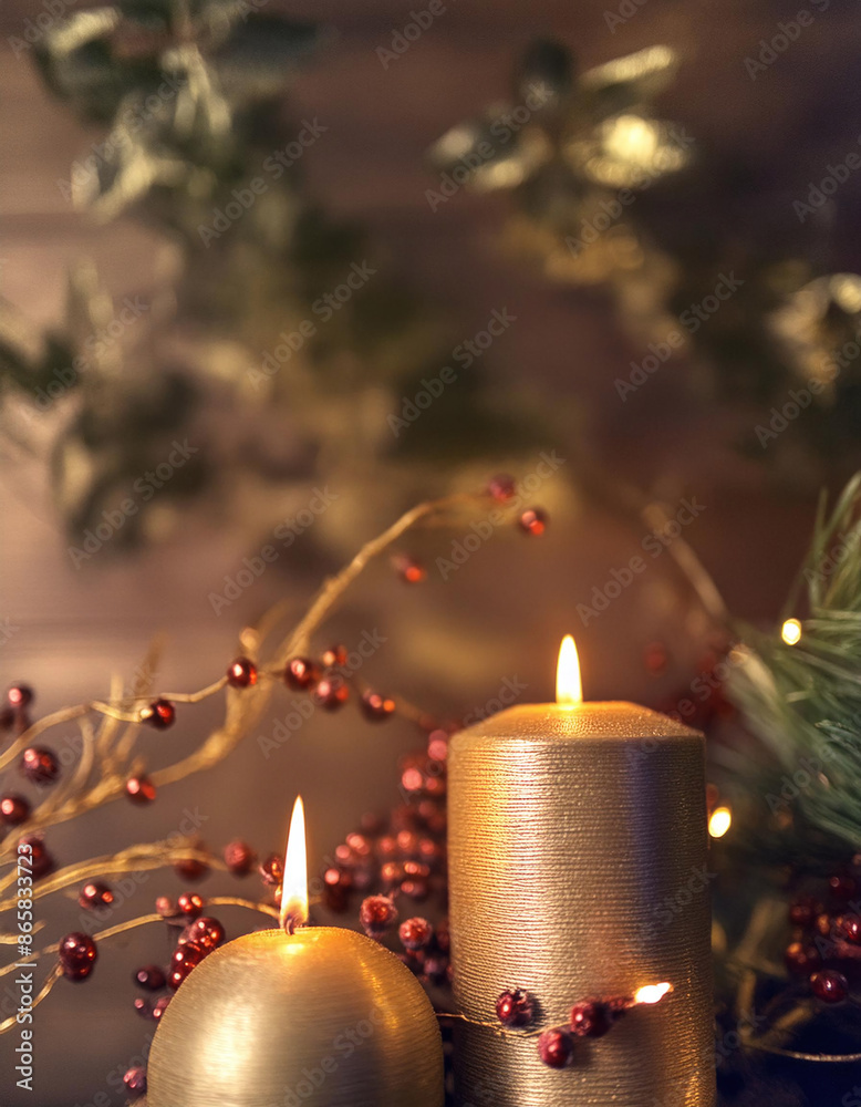 Two candles glow warmly amidst festive greenery and red berries Two candles glow warmly amidst festive greenery and red berries