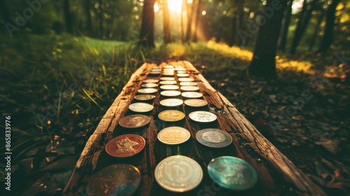 Beautiful sunlight filters through a forest as vintage coins are meticulously laid out on a wooden plank. Nature and history blend harmoniously. photo