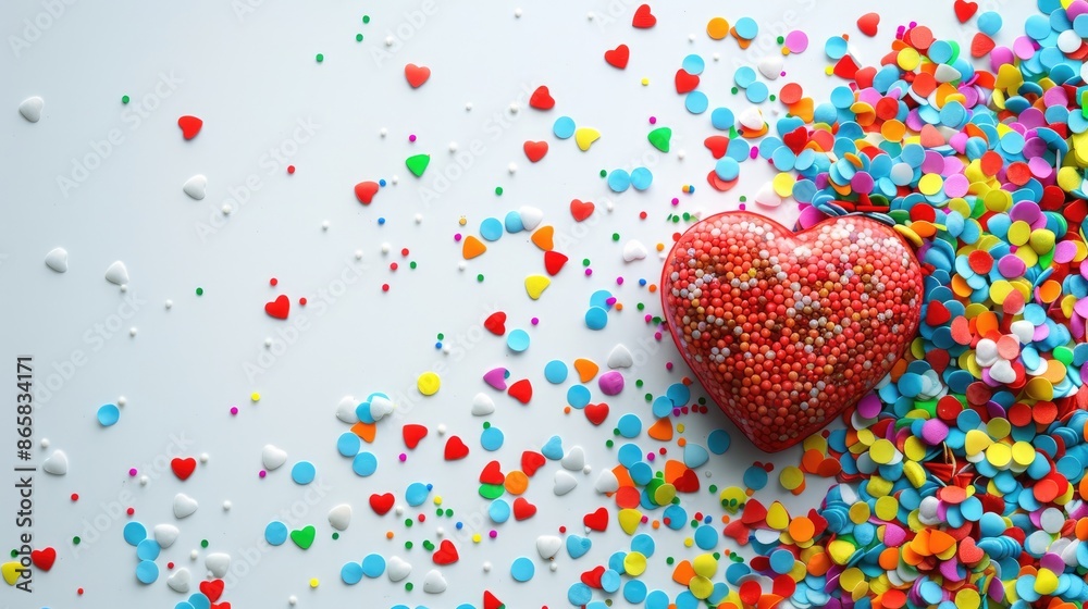Colorful confetti and candy heart on white background symbolizing love Colorful confetti and candy heart on white background symbolizing love