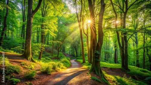 Lush green forest with dappled sunlight, vibrant foliage, winding paths, and rich colors create a serene and tranquil natural atmosphere. photo
