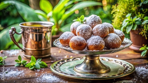 Aromatic bitter balls garnished with powdered sugar sit atop a small, ornate table amidst lush greenery in a quaint cafe setting. photo