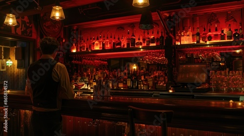 Bartender in dimly lit bar with red lighting and shelves full of liquor bottles. Concept of nightlife, cocktails, and bar scene.