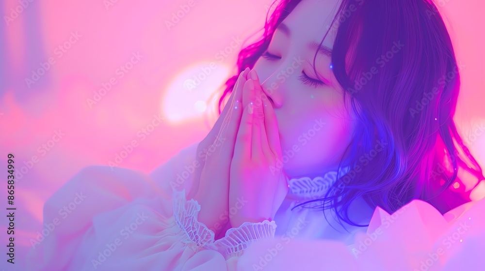 A serene woman with closed eyes expressing tranquility in a dreamy, pink and purple lit background. Soft focus and ethereal atmosphere. A serene woman with closed eyes expressing tranquility in a dreamy, pink and purple lit background. Soft focus and ethereal atmosphere.