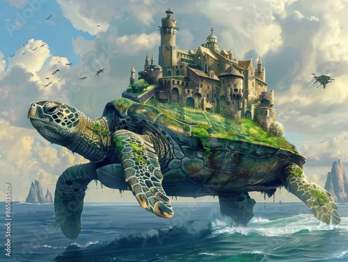 A floating castle built on a massive turtles back, slowly drifting through an endless ocean, giving a fantastical and grand impression in detailed and imaginative fantasy art photo