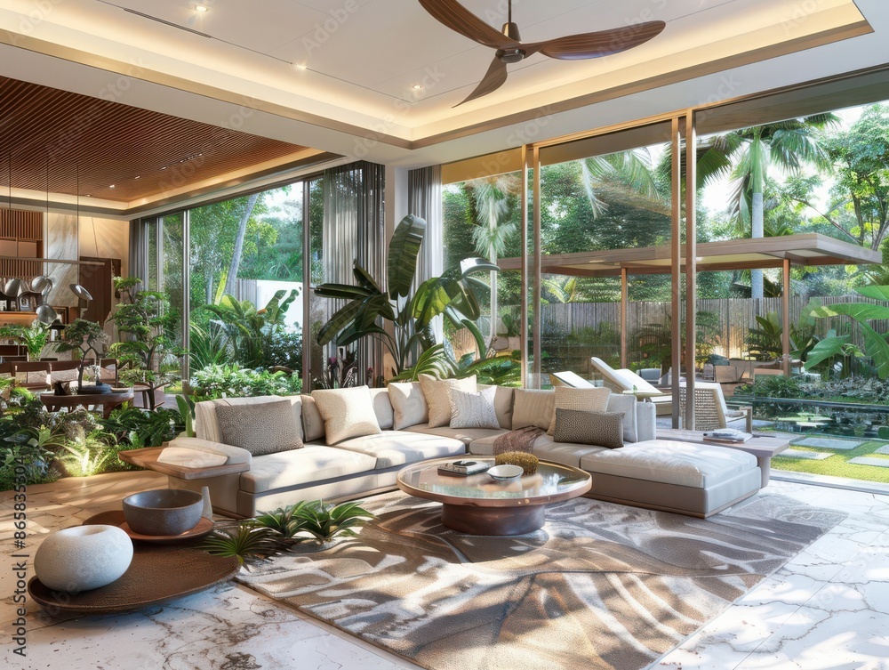 Fototapeta premium A modern living room with large floortoceiling windows overlooking a lush garden