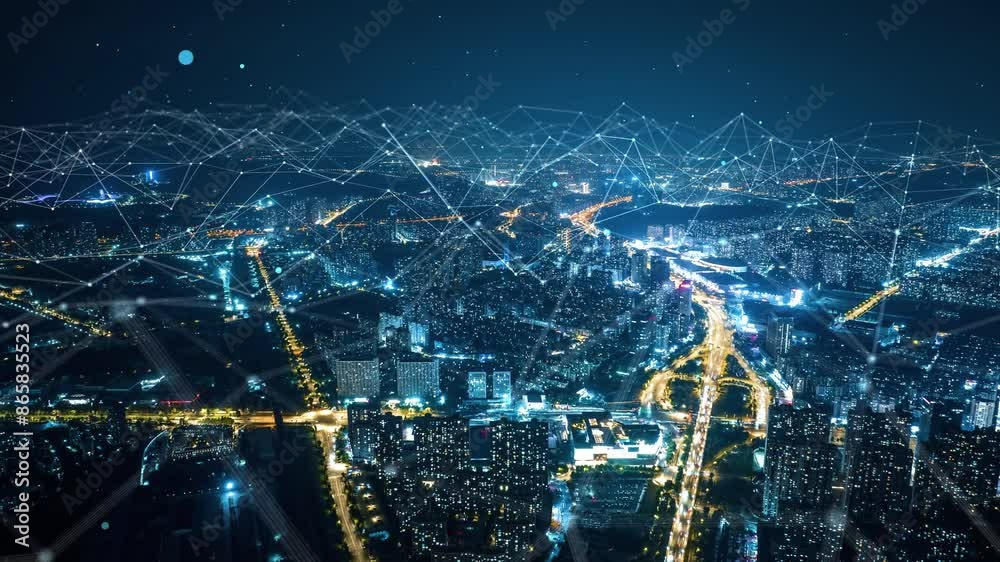 smart Connected city skyline. Futuristic network concept, city Technology