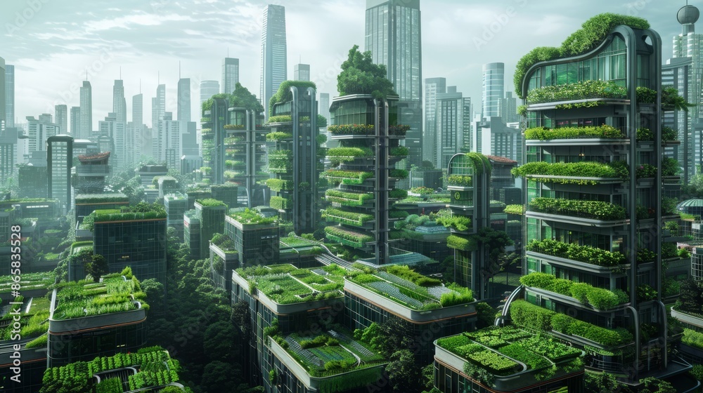 Obraz premium A futuristic cityscape where vertical farms and rooftop gardens are part of every building.