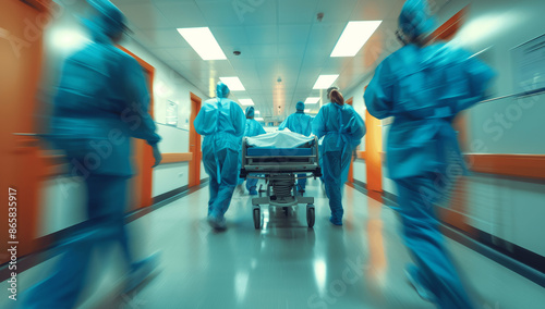 Emergency room doctors and nurses transporting patient on gurney with motion blur highlighting speed and urgency