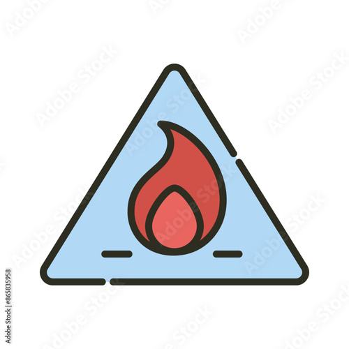 Fire flammable warning triangle outline filled color icon. Fire burn caution vector icon. Inflammable liquid illustration image