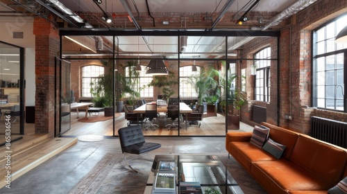 Modern, Industrial-Style Office Interior with Exposed Brick Walls, Glass Partitions, and Greenery. © Lisa_Art