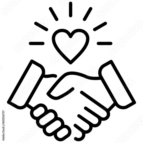 Partnership and handshake with love concept icon, outline icon isolated on white background flat vector illustration.