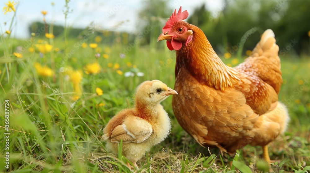 Fototapeta premium Free range organic agrarian hen with chick in a green field on a summer farm