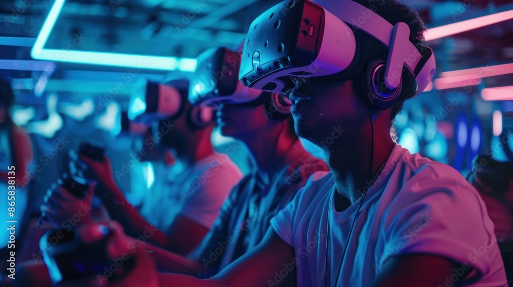 Group of friends immersed in a VR gaming experience, using virtual reality headsets and controllers. Concepts. gaming, technology, entertainment, and metaverse. Group of friends immersed in a VR gaming experience, using virtual reality headsets and controllers. Concepts. gaming, technology, entertainment, and metaverse.