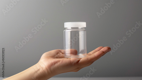 hand holding transparent plastic pharmaceutical medicine container, gray studio background, Ai Generated Images