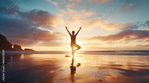 A person practicing yoga at sunrise on a serene beach, capturing the peace and beauty of the early morning light.