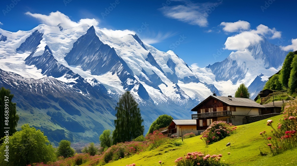 A picturesque mountain landscape with a charming house nestled amidst vibrant flowers.
A picturesque mountain landscape with a charming house nestled amidst vibrant flowers.
