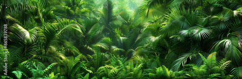 lush tropical forest with palm leaves and trees, vibrant green jungle foliage for panoramic nature wallpaper photo