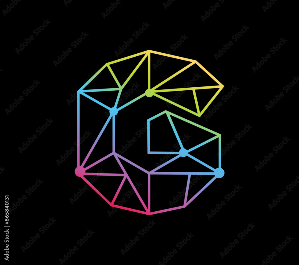 Geometric logo with the G shape Geometric line with colorful gradient on black background. Geometric logo with the G shape Geometric line with colorful gradient on black background.