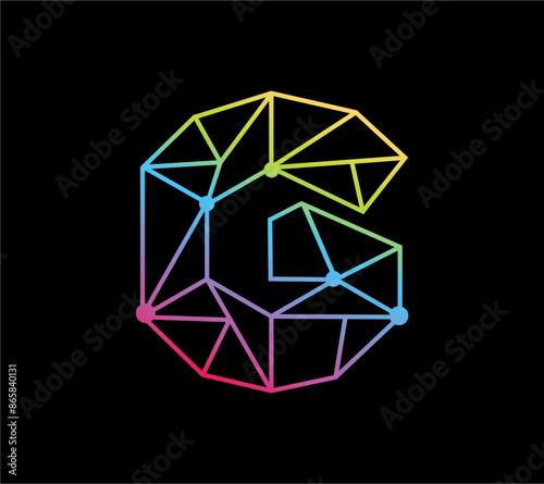 Geometric logo with the G shape Geometric line with colorful gradient on black background.