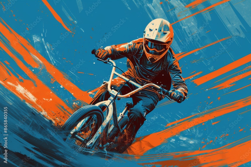 BMX rider illustration with a blue and orange background. BMX rider illustration with a blue and orange background.