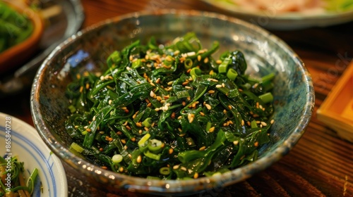 Recently harvested moroheiya served as a side dish photo