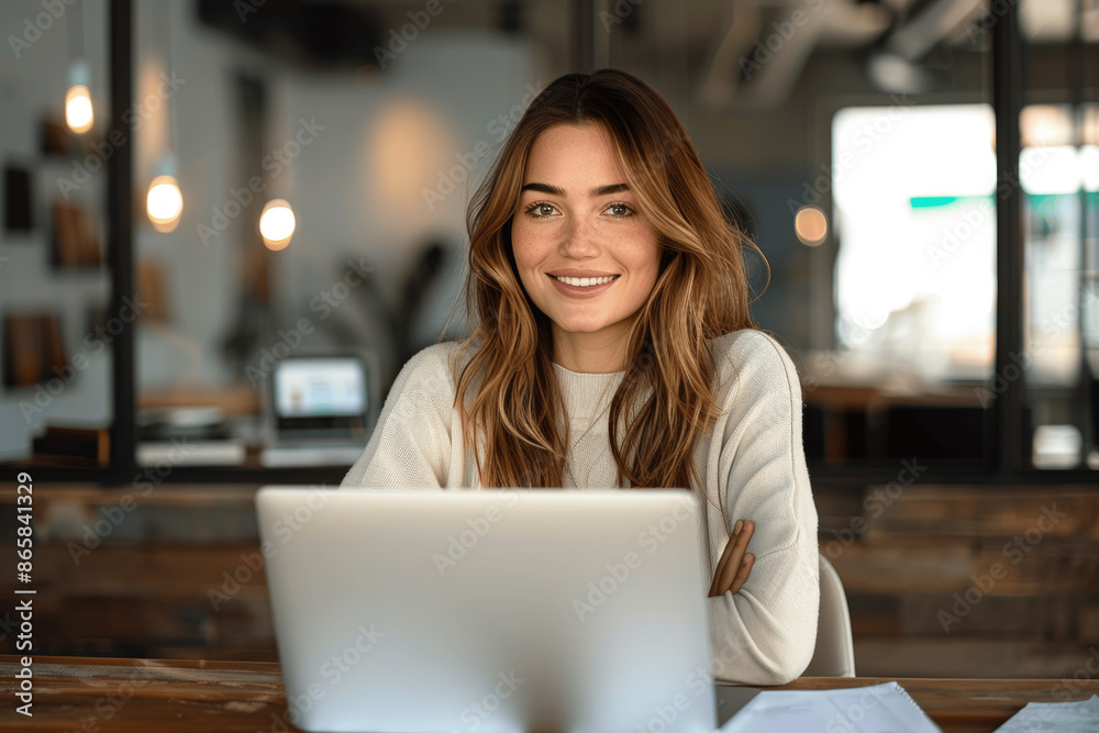 Happy Mature Female Entrepreneur Smiling at Desk with Laptop in Modern Office Professional Businesswoman Happy Mature Female Entrepreneur Smiling at Desk with Laptop in Modern Office Professional Businesswoman