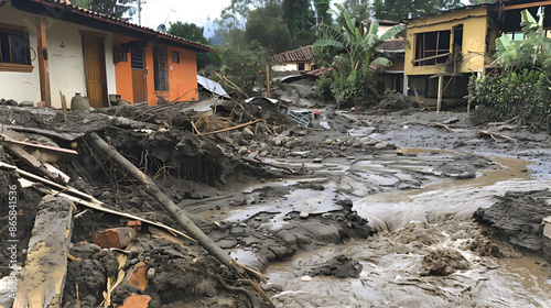 Houses destroyed by debris flow in rainstorm