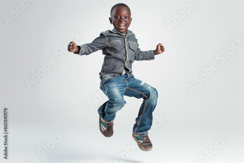 african american boy jumping over white background