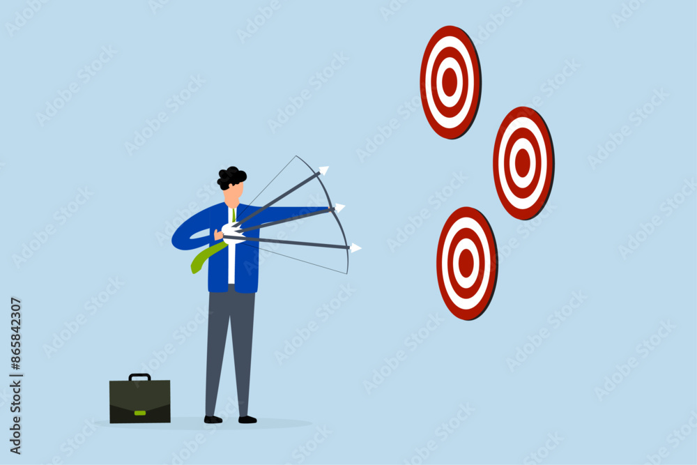 multiple purpose strategy, businessman aims several arrows at three targets. multiple purpose strategy, businessman aims several arrows at three targets.