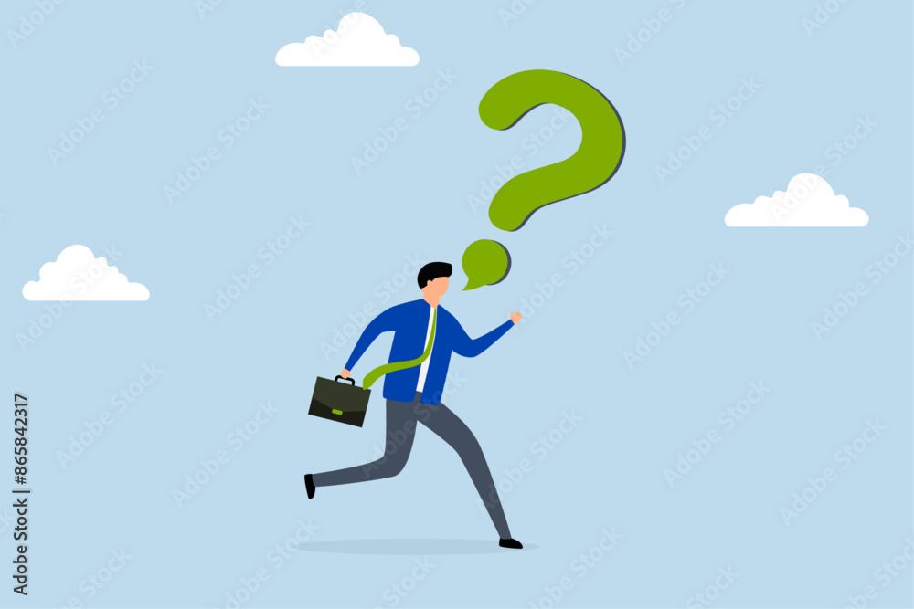 Asking business question to find answer, businessman speak out loud with speech bubble question mark symbol. Asking business question to find answer, businessman speak out loud with speech bubble question mark symbol.