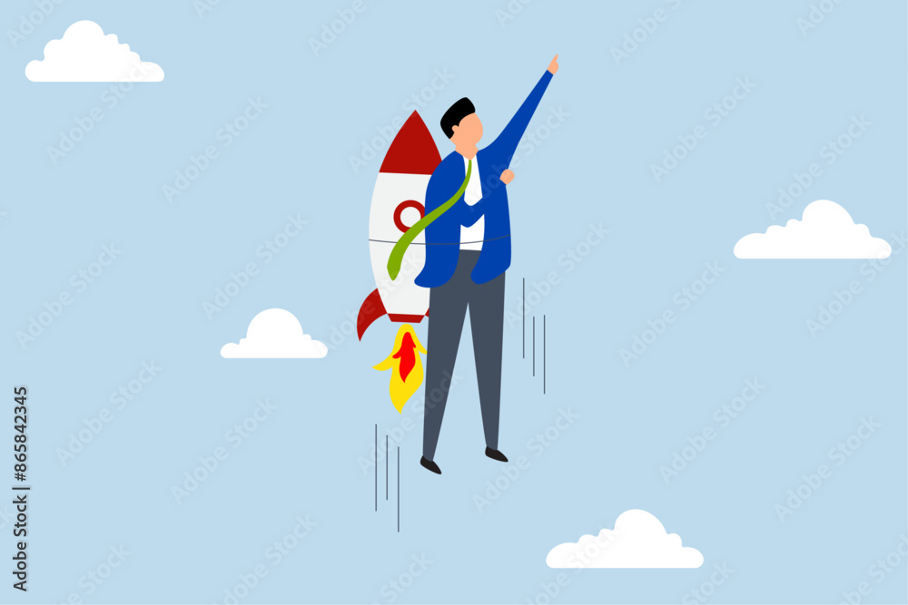aspiration to success in work, businessman flying high with jetpack rocket booster.