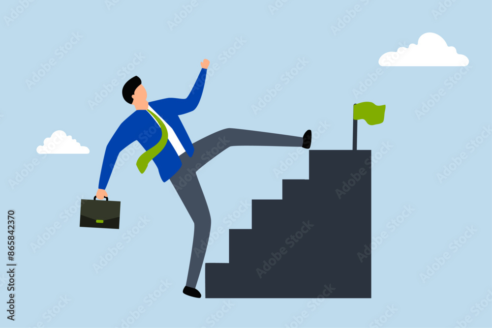 Shortcut in career development, businessman skip stair step to reach target. Shortcut in career development, businessman skip stair step to reach target.