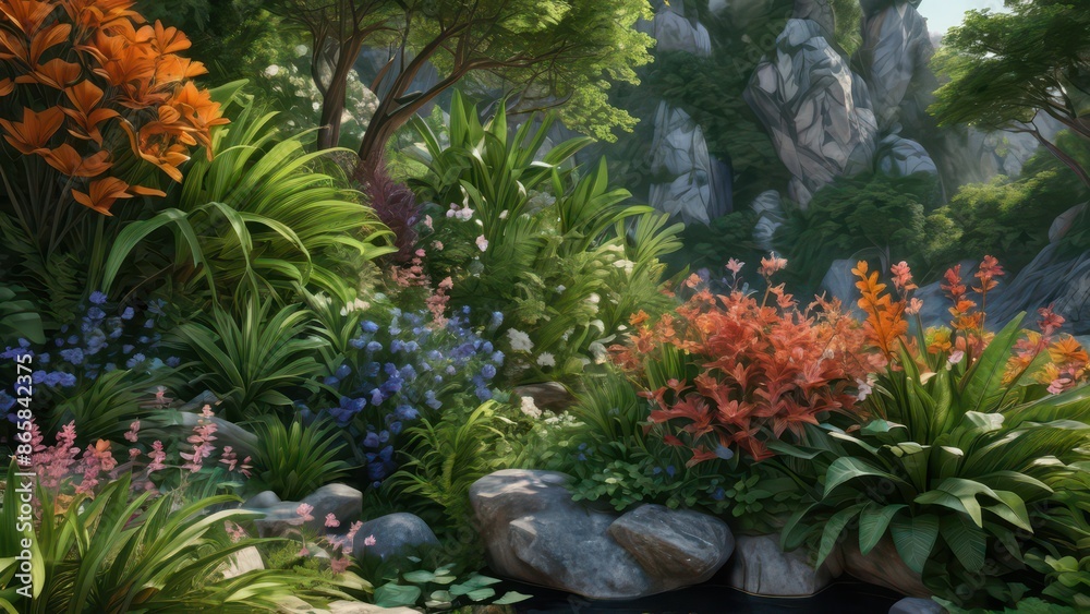 Lush Tropical Garden With Flowers and Rocks. Lush Tropical Garden With Flowers and Rocks.