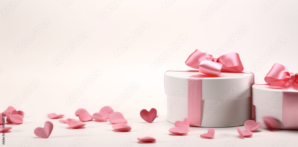 Round white gift boxes with pink ribbons and scattered heart-shaped petals on white background Round white gift boxes with pink ribbons and scattered heart-shaped petals on white background