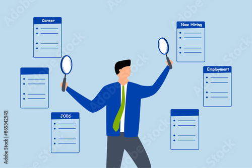 Job seeking, businessman using magnifying glass in two hands and looking for new career.