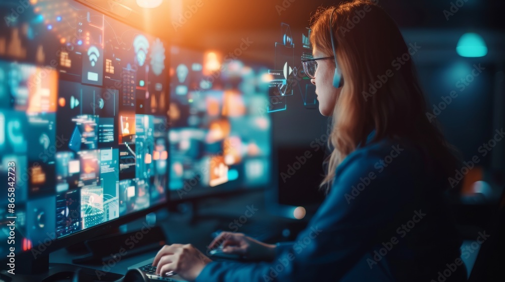 A woman uses a high-tech computer setup with multiple screens displaying various digital data and information in a modern control room. A woman uses a high-tech computer setup with multiple screens displaying various digital data and information in a modern control room.
