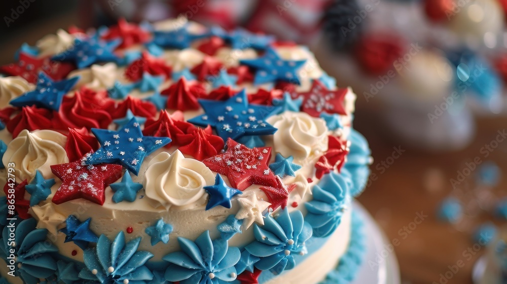 Festive Patriotic Cake Decorated with Stars and Stripes for American Holidays Celebration Festive Patriotic Cake Decorated with Stars and Stripes for American Holidays Celebration