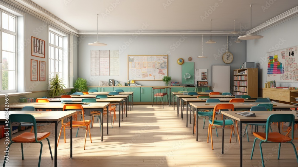Bright school classroom with all chair facing forward Bright school classroom with all chair facing forward