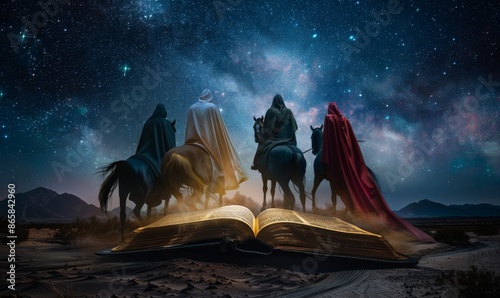 An open Bible with four horsemen riding out of the pages. photo