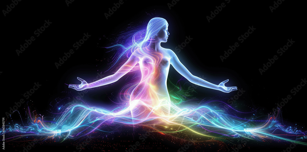 Transcendent Female Form Radiating Rainbow Energies in Spiritual Aura with Light Body Effect on Black Background Transcendent Female Form Radiating Rainbow Energies in Spiritual Aura with Light Body Effect on Black Background