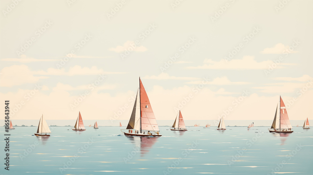 Obraz premium A 1970s sailboat race with retro boats and sailors in classic summer attire, set against the backdrop of a sparkling sea