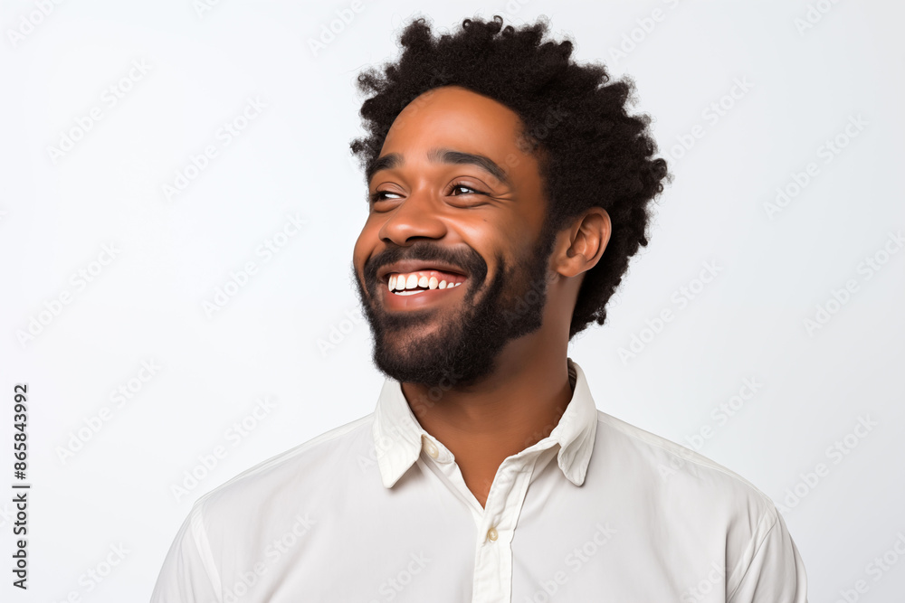Obraz premium A close-up of a man expressing pride, with a confident smile and upright posture, on a clear white background