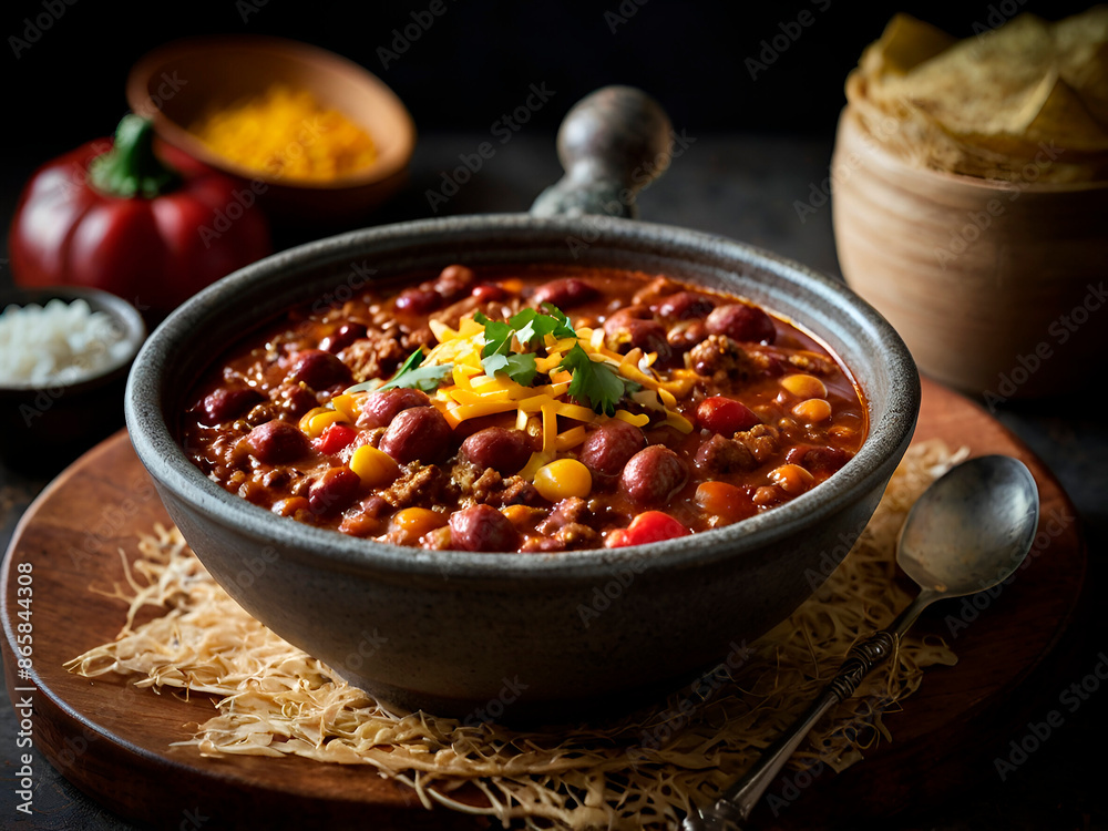 A smoky chipotle chili con carne with beans and ground beef. A smoky chipotle chili con carne with beans and ground beef.